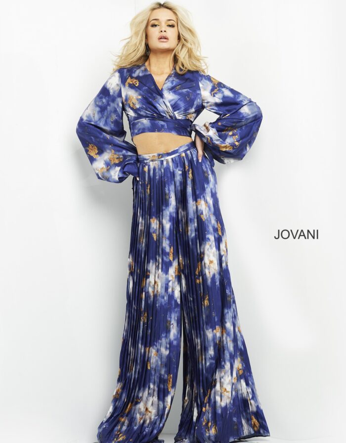 Model wearing Jovani 06849 and Jovani 06850 Multi Color Two Piece Contemporary Jumpsuit