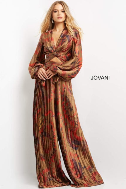 Model wearing Jovani 06851 in a multi-color print dress, V-neckline and pleated skirt.