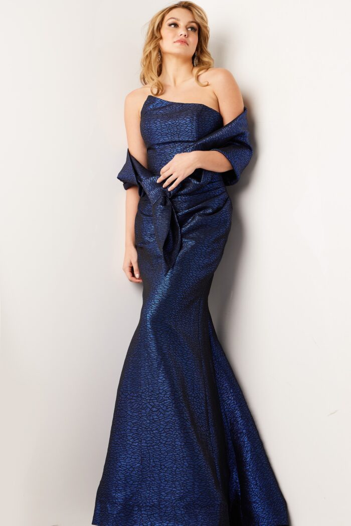Model wearing Jovani 06867 Coffee Strapless Dress with Wrap