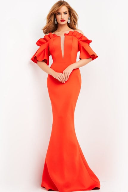 Model wearing Jovani 06901 in orange with ruffled off-the-shoulder sleeves