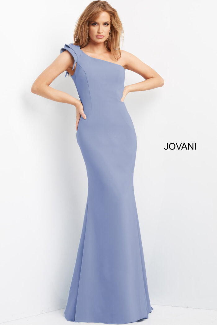 Model wearing Jovani 06935 Jovani Light Blue One Shoulder Fitted Dress