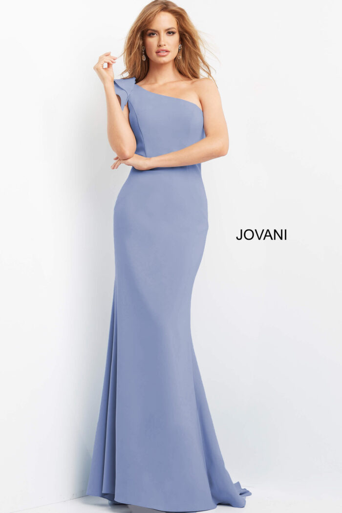Model wearing Jovani 06935 Jovani Light Blue One Shoulder Fitted Dress