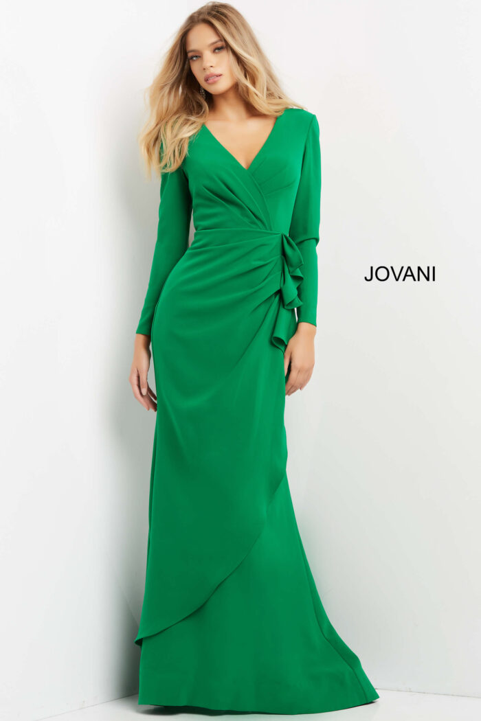 Model wearing Jovani 06995 Emerald Long Sleeve V Neck Dress