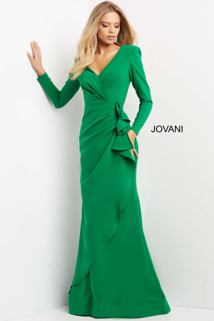 Model wearing Jovani 06995 Emerald Long Sleeve V Neck Dress