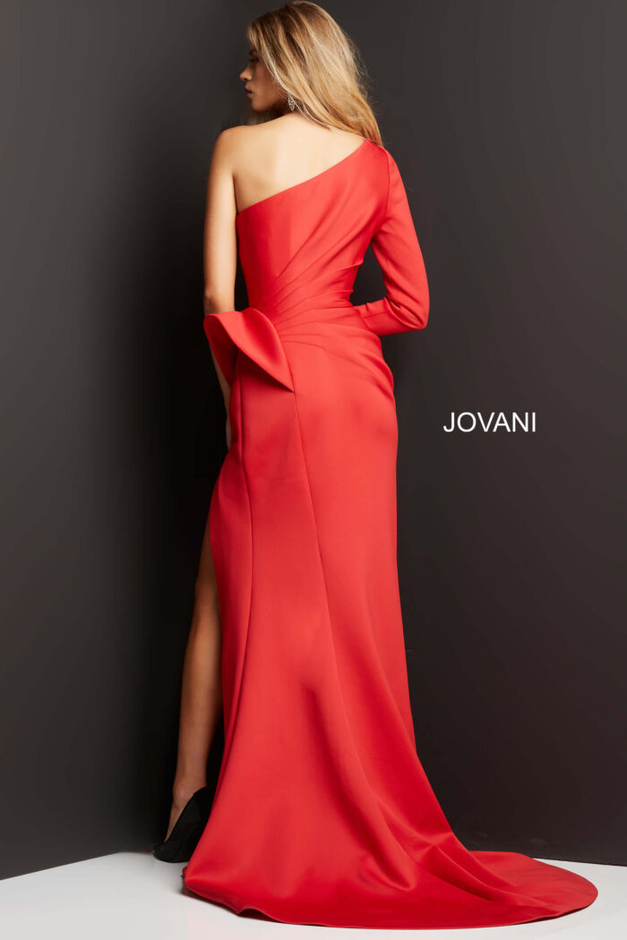 Model wearing Jovani 06998 Red One Shoulder Long Sleeve Evening dress