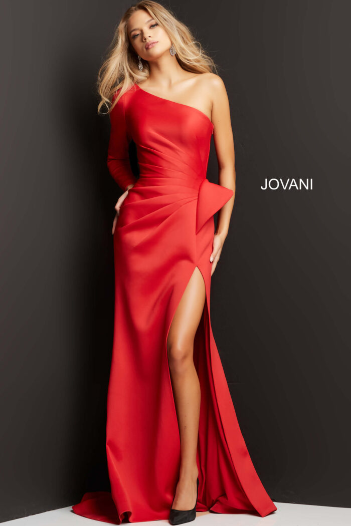 Model wearing Jovani 06998 Red One Shoulder Long Sleeve Evening dress