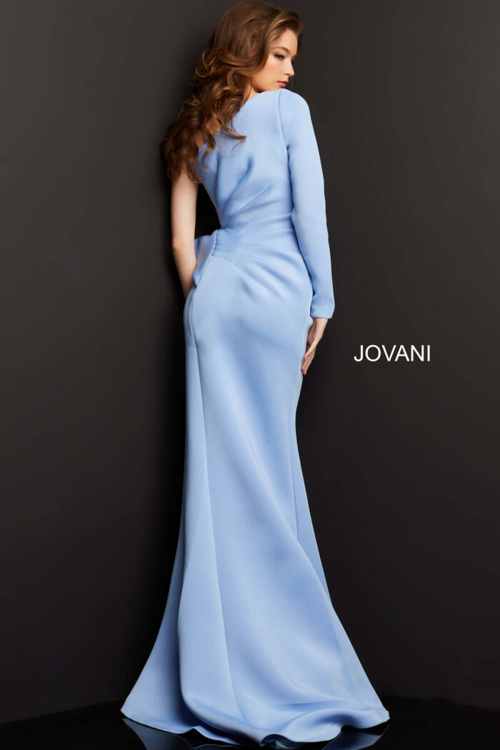 Model wearing Jovani 06998 Light Blue One Shoulder Long Sleeve Evening Gown