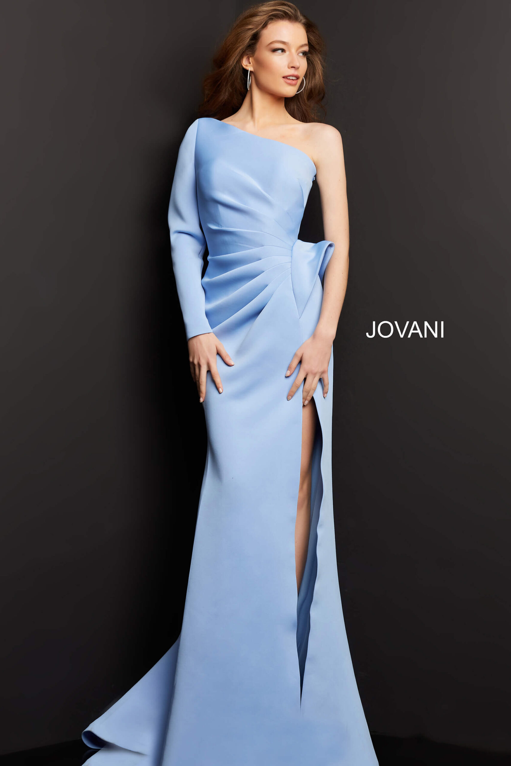 Jovani 06998 Light Blue One Shoulder Long Sleeve Evening Gown