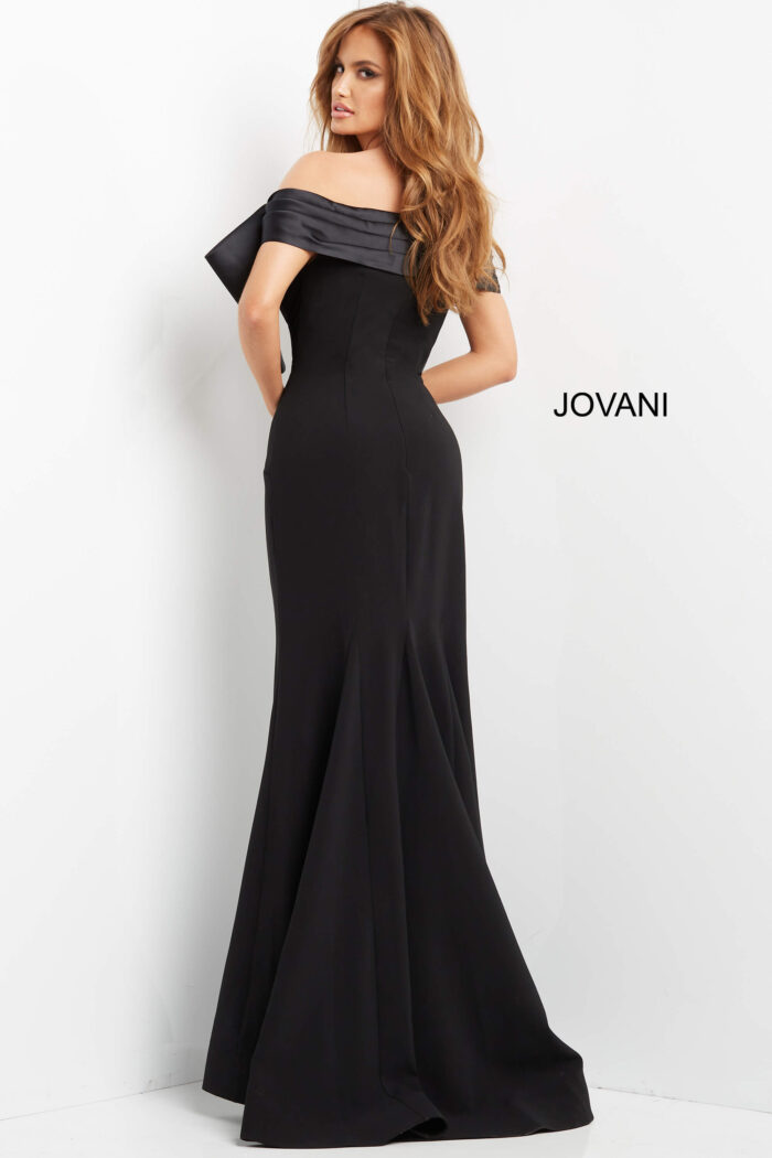 Model wearing Jovani 07014 Black Off the Shoulder Long Evening Gown