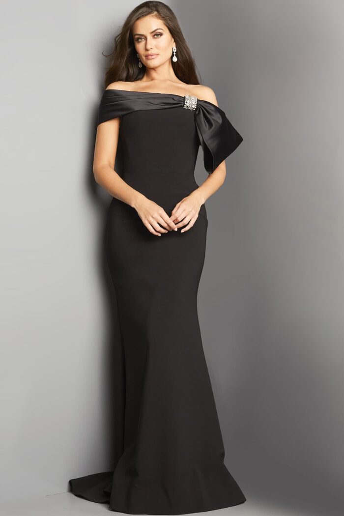 Model wearing Jovani 07014 Black Fitted Off the Shoulder Evening Dress