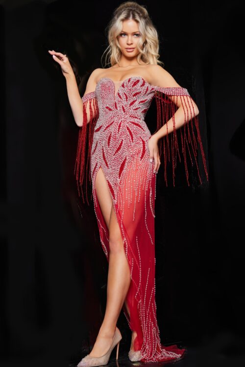 Model wearing Jovani 07031 Red Gunmetal Beaded High Slit Gown
