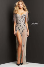 Front view of Jovani 07031 nude evening gown with embellished details.