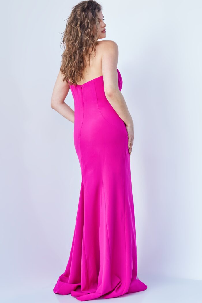 Model wearing Jovani 07306 Fuchsia Sheath Plus Size Evening Gown