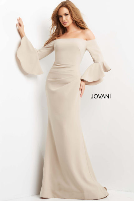 Model wearing Jovani 07065 elegant beige gown with mermaid silhouette and off-the-shoulder neckline in front view.