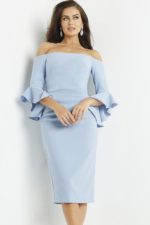 Model in light blue Jovani 07066 dress, emphasizing the pleated waist detail.