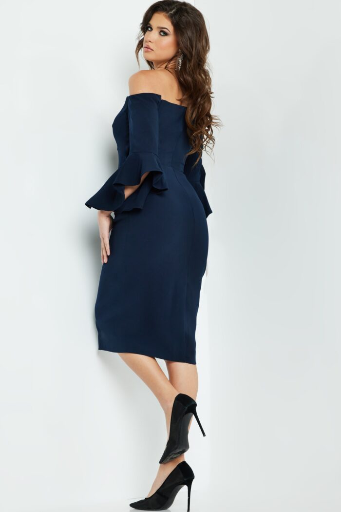 Model wearing Jovani 07066 Evening Bell Sleeve Knee Length Dress