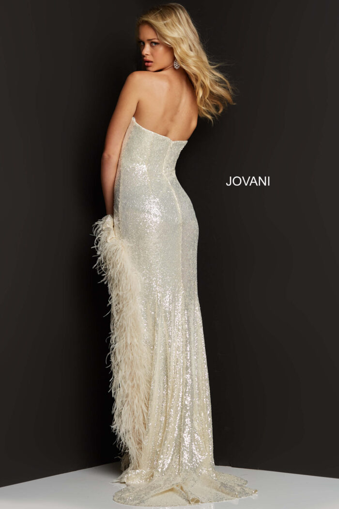 Model wearing Jovani 07068 Cream High Feather Slit Strapless Dress