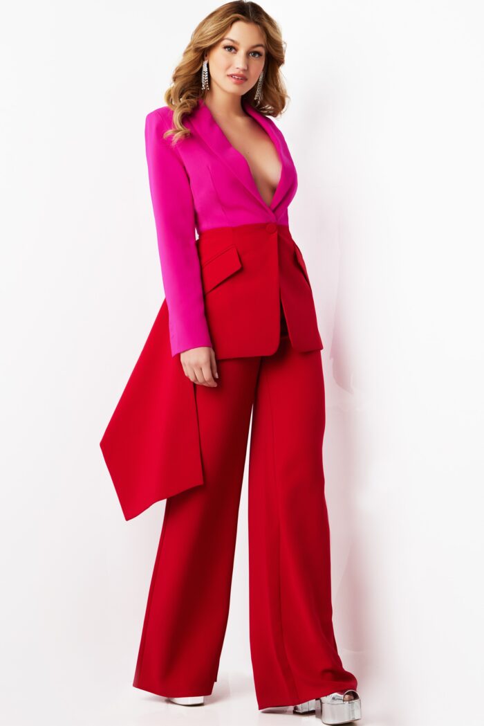 Model wearing Fuchsia Red Two Piece Contemporary Suit 07093