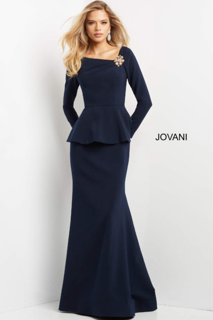 Model wearing Jovani 07131 navy dress with off-the-shoulder neckline and peplum waist.