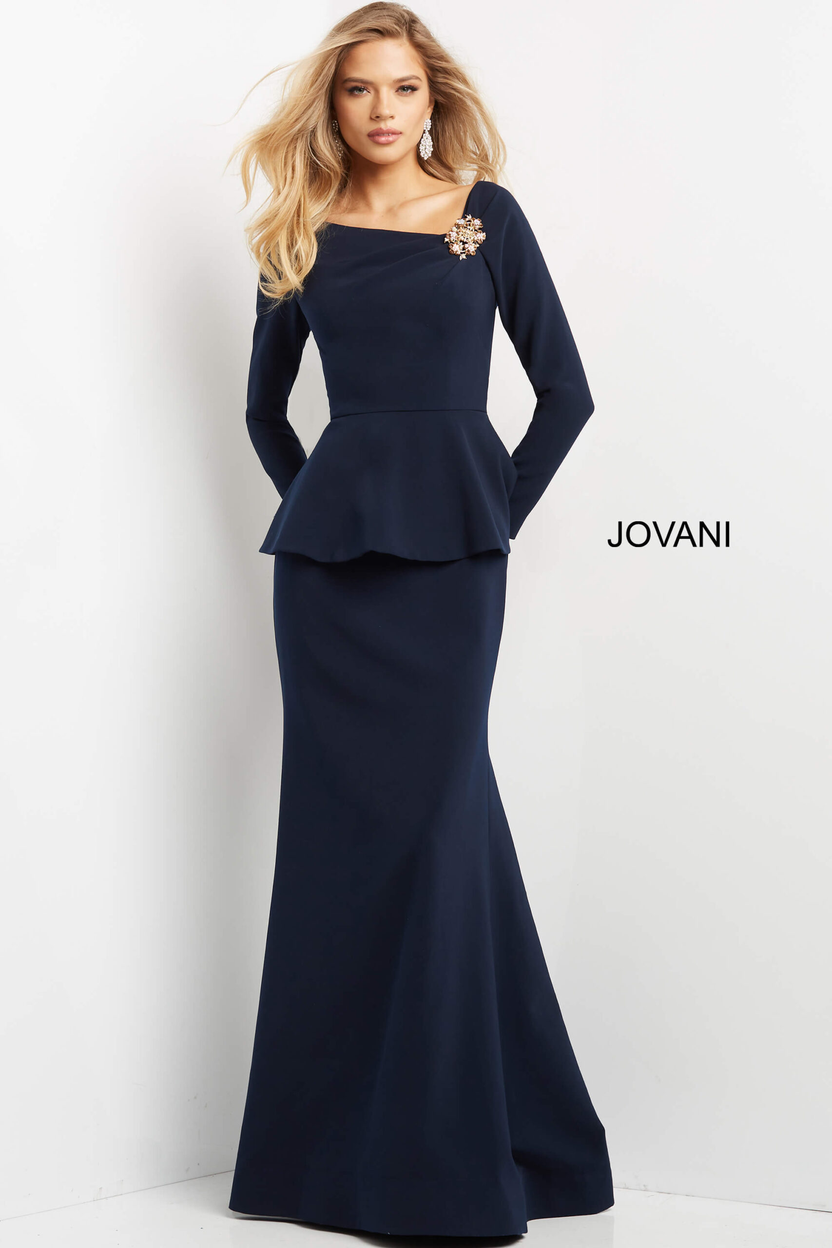 Jovani 07131 Navy Long Sleeve Peplum Dress