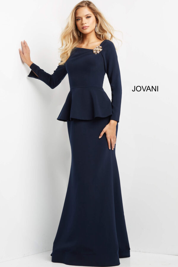 Jovani 07131 Navy Long Sleeve Peplum Dress - Jovani