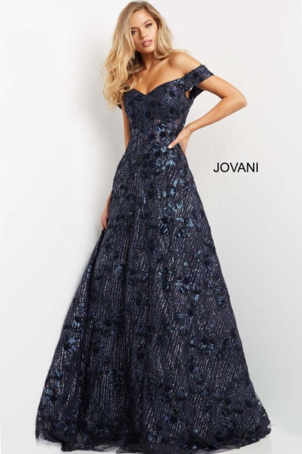 Model wearing Jovani 07162 navy gown with floral sequins, front full-length view.