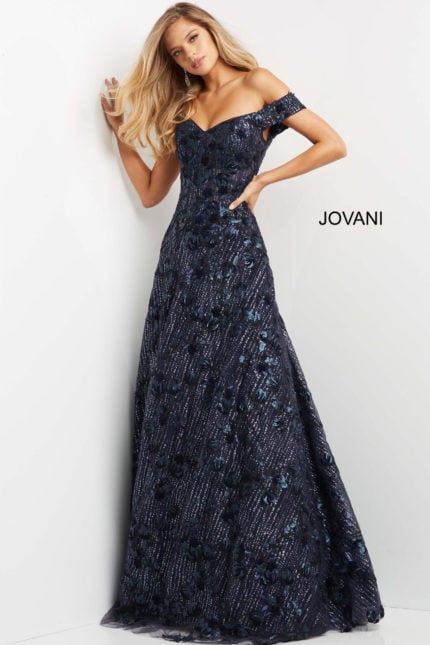 Model wearing Jovani 07162 navy off-the-shoulder gown, front view.