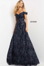 Front view of model wearing Jovani 07162 navy gown with floral details.