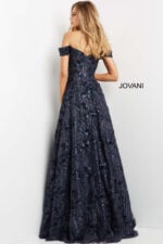 Back view of model wearing Jovani 07162 navy gown with sequins.