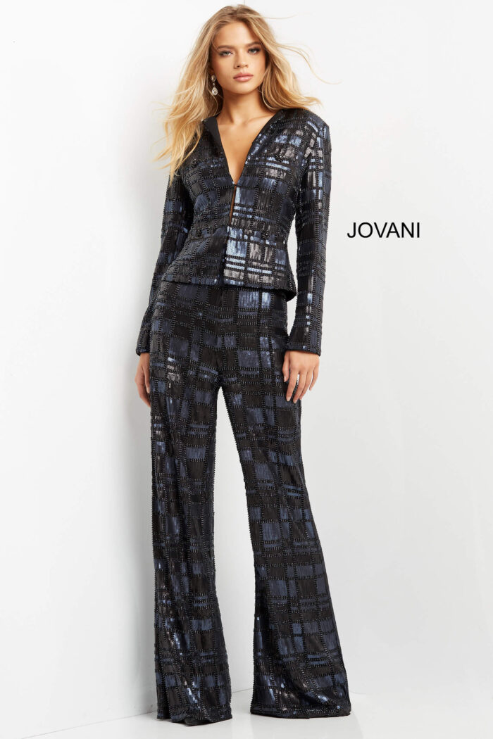 Model wearing Embellished Long Sleeve Suit 07166 Top and 07167 Pant