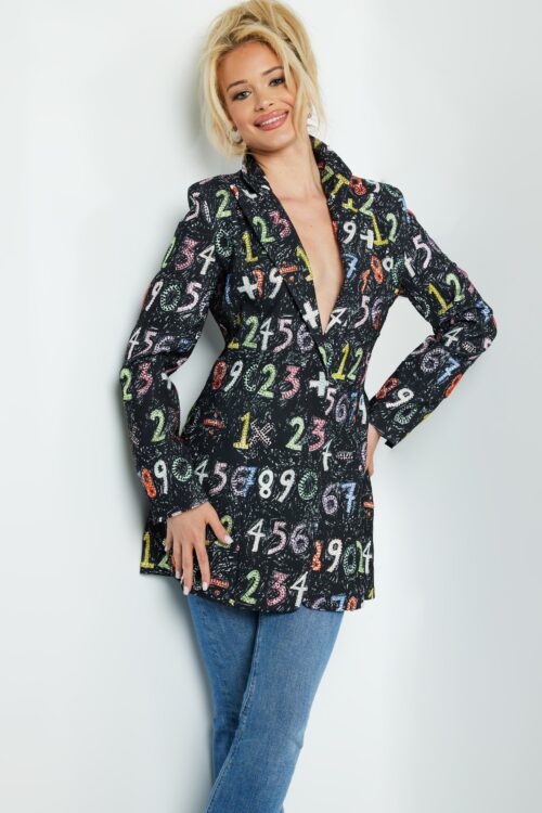 Model wearing Jovani 07191 Black Multi Long Sleeve Contemporary Blazer