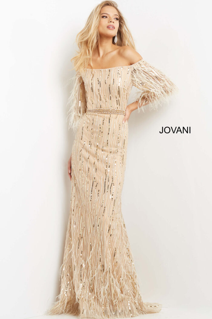 Model wearing Jovani 07195 Cream Embellished Feather Sleeve Dress