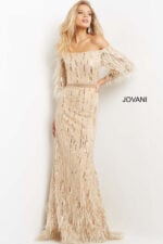 Model wearing Jovani 07195 beige gown showcasing off-the-shoulder design and sequins, front view.