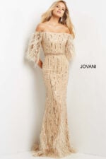 Model wearing Jovani 07195 beige gown with off-the-shoulder neckline and feather sleeves, front view.