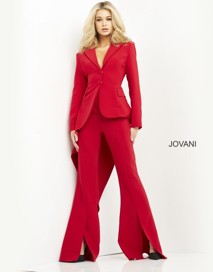 Model wearing Jovani 07209 Red Asymmetric Hem Two Piece Pant Suit