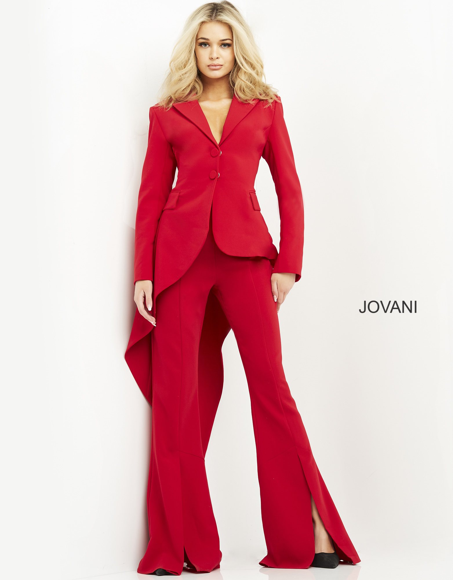 Jovani 07209 Red Asymmetric Hem Two Piece Pant Suit