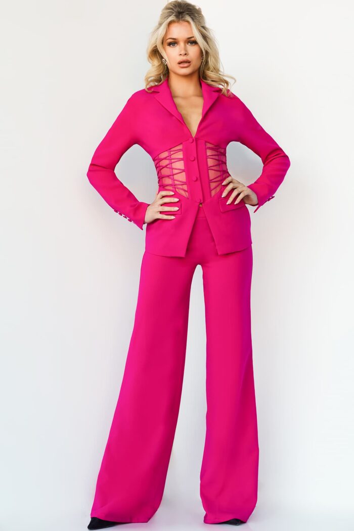 Model wearing Jovani 07227 Sheer Waist Two Piece Contemporary Pant Suit