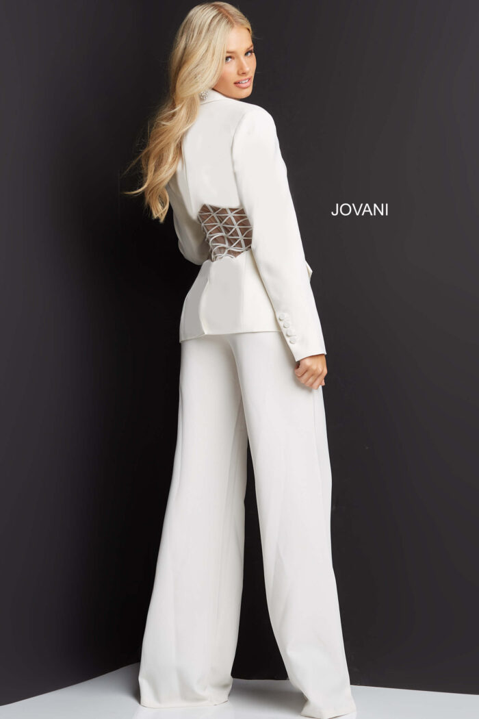 Model wearing Jovani 07227 Black Illusion Waist Two Piece Pant Suit