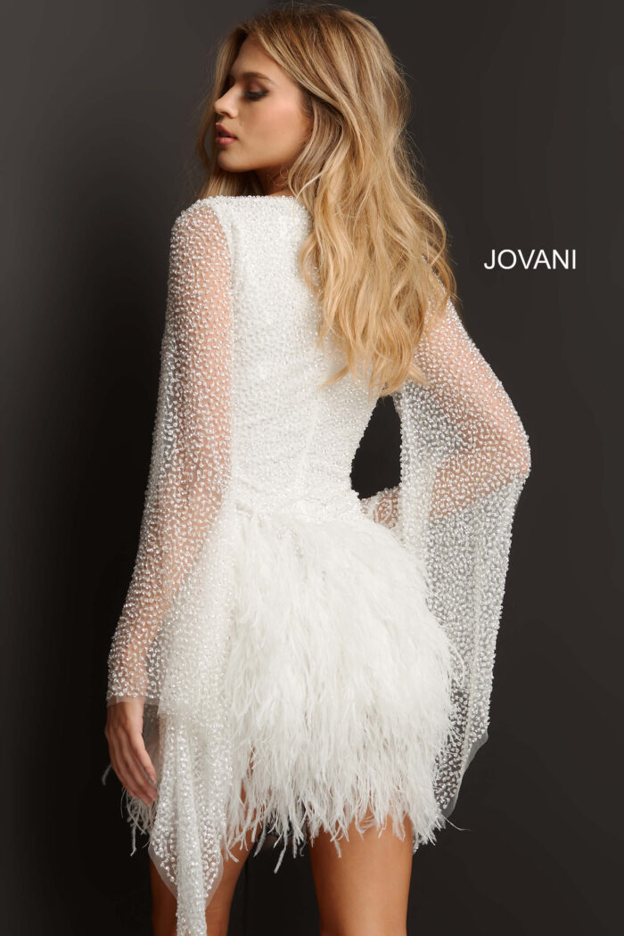Model wearing Jovani 07236 Off White Beaded Long Sleeve Cocktail Dress