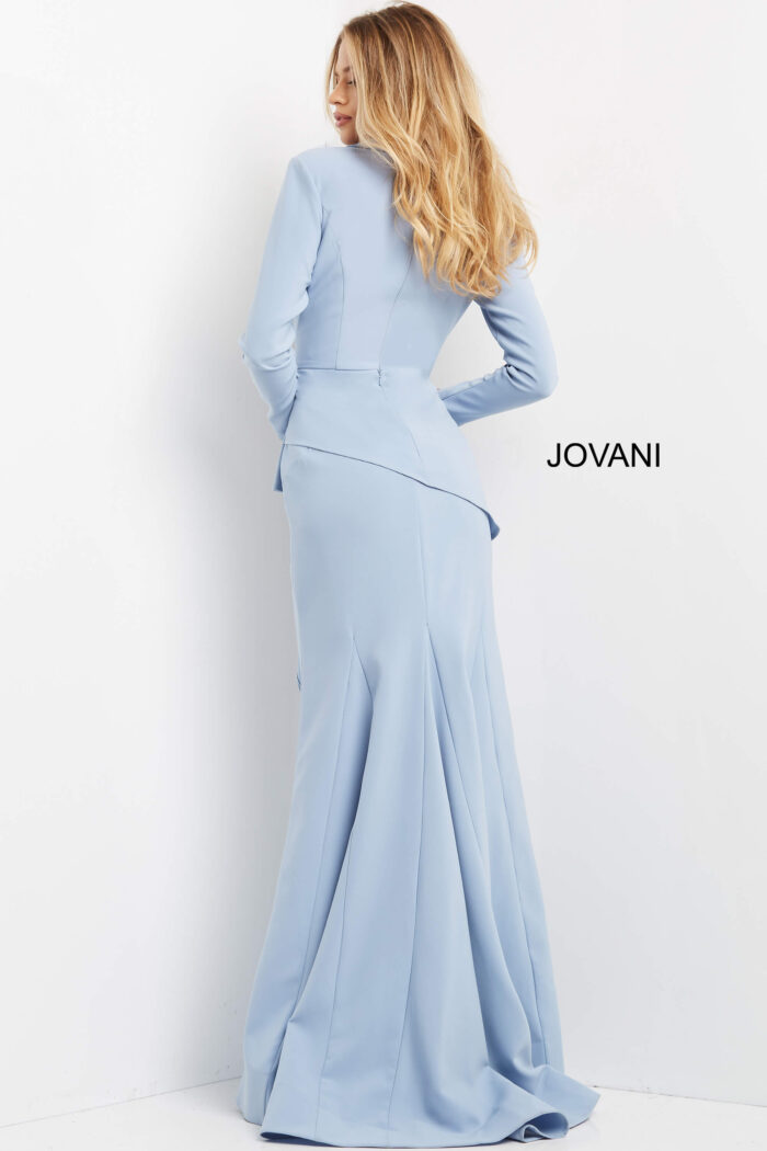 Model wearing Jovani 07242 Light Blue Low V Neck Fitted Dress