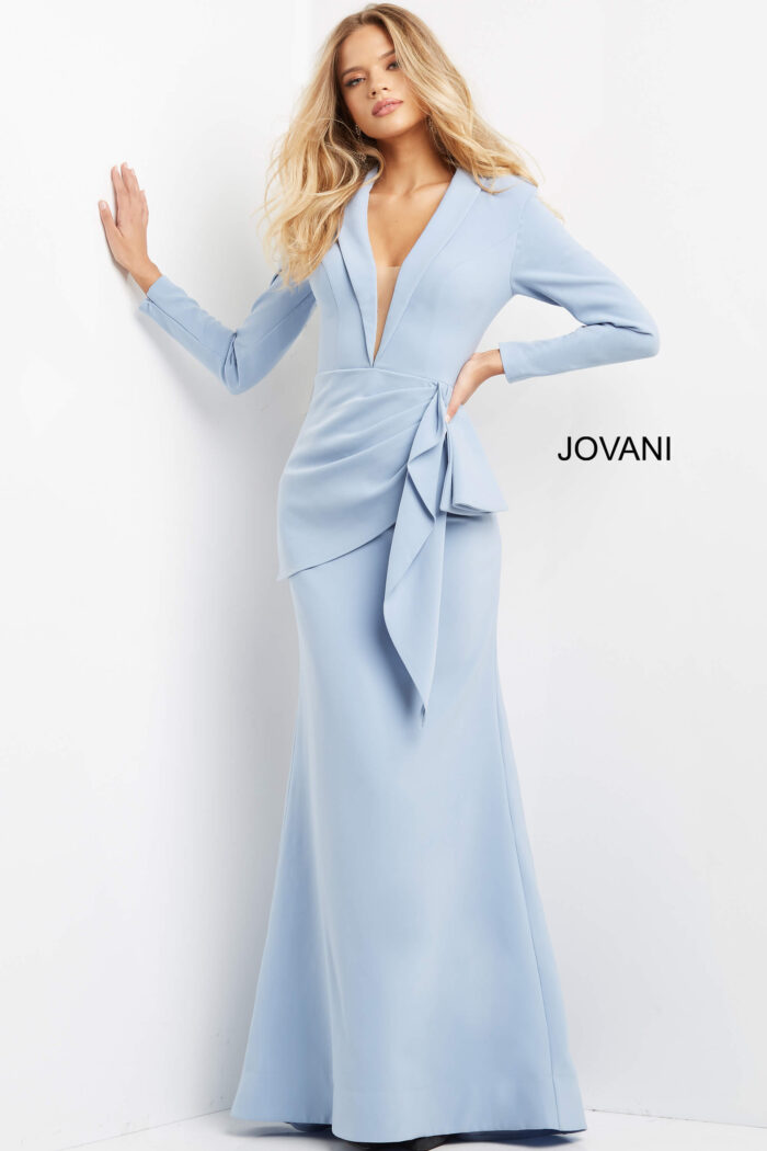 Model wearing Jovani 07242 Light Blue Low V Neck Fitted Dress