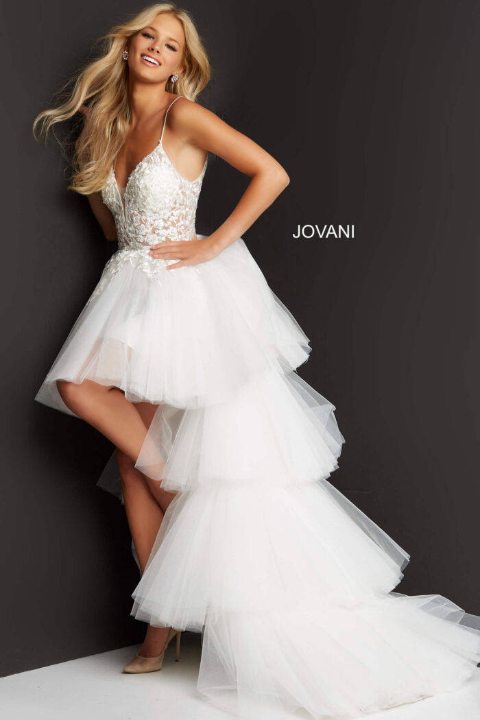 Model wearing Jovani 07263 Off White Embroidered High Low Formal Dress