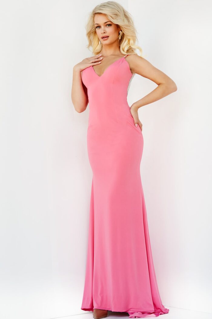Model wearing Jovani 07297 Hot Pink Backless V Neck Dress
