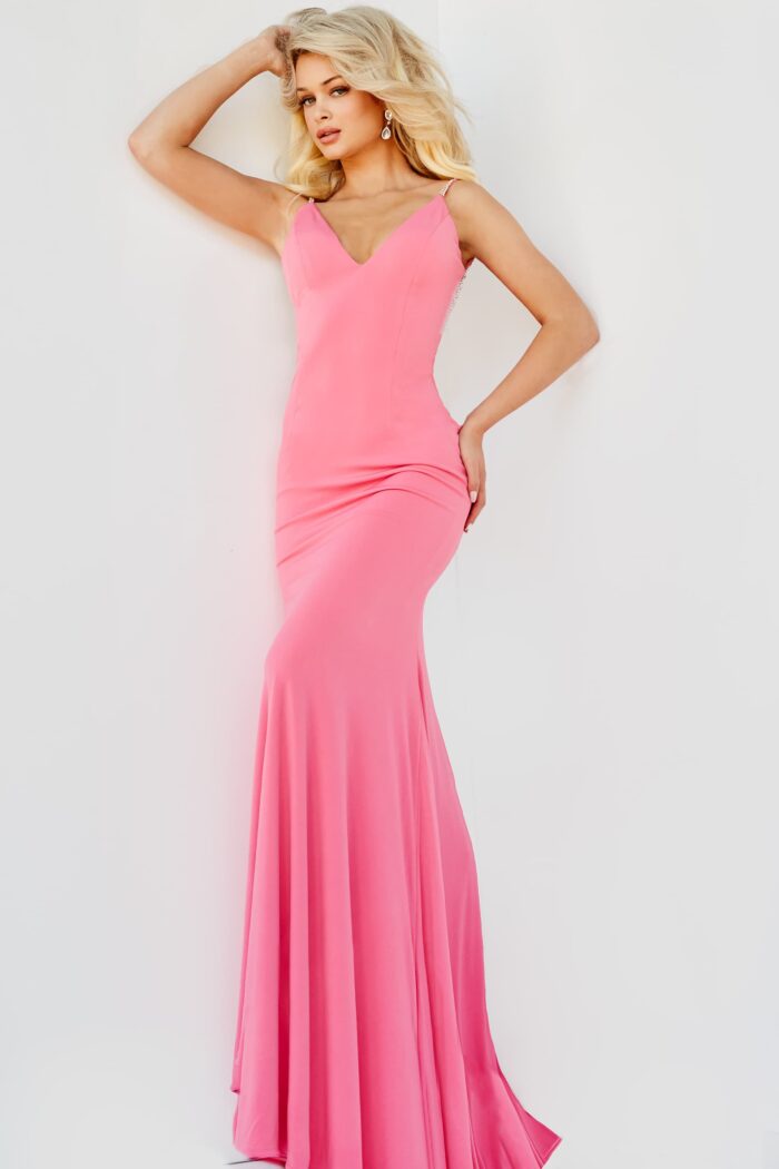 Model wearing Jovani 07297 Hot Pink Backless V Neck Dress