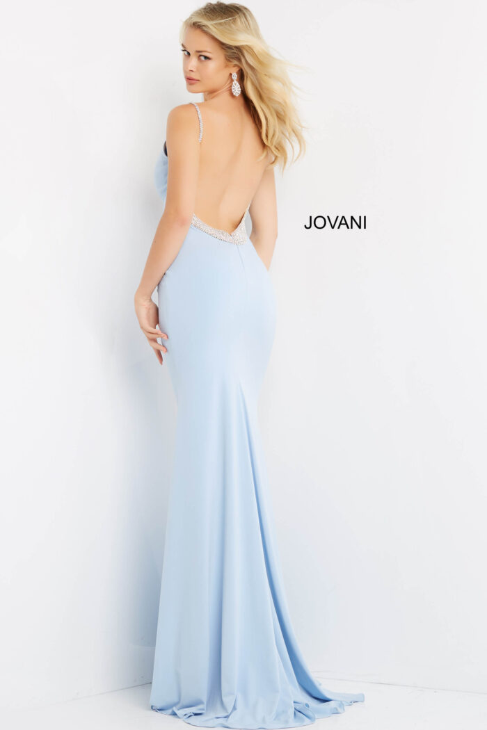 Model wearing Jovani 07297 Navy Fitted Open Embellished Back Dress