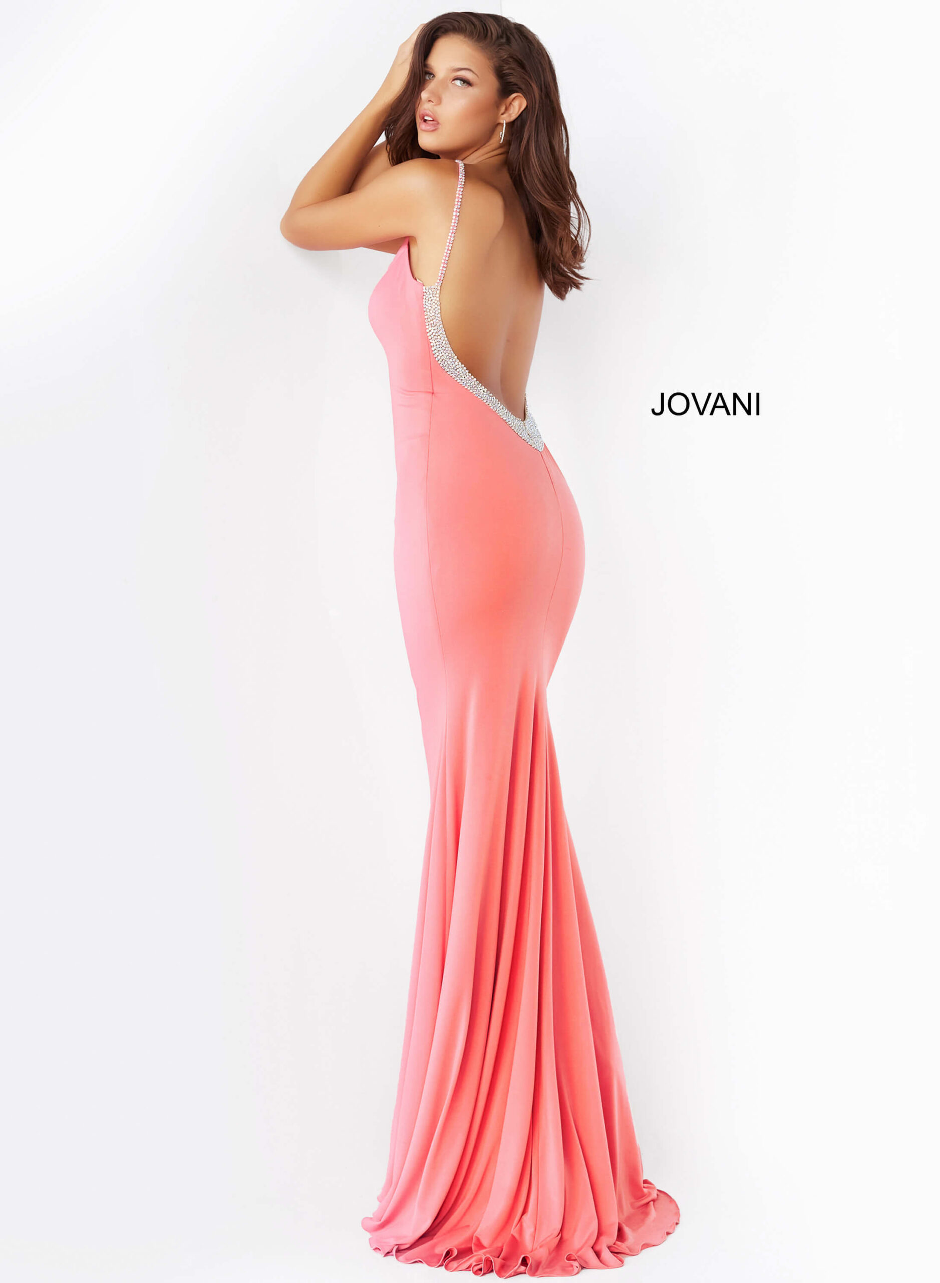 Jovani 07297 Hot Pink Backless V Neck Dress