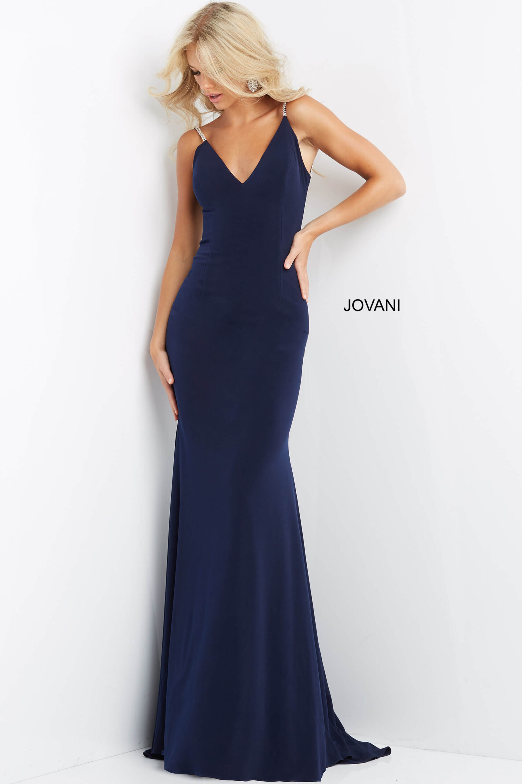 Jovani 07297 Navy Fitted Open Embellished Back Dress