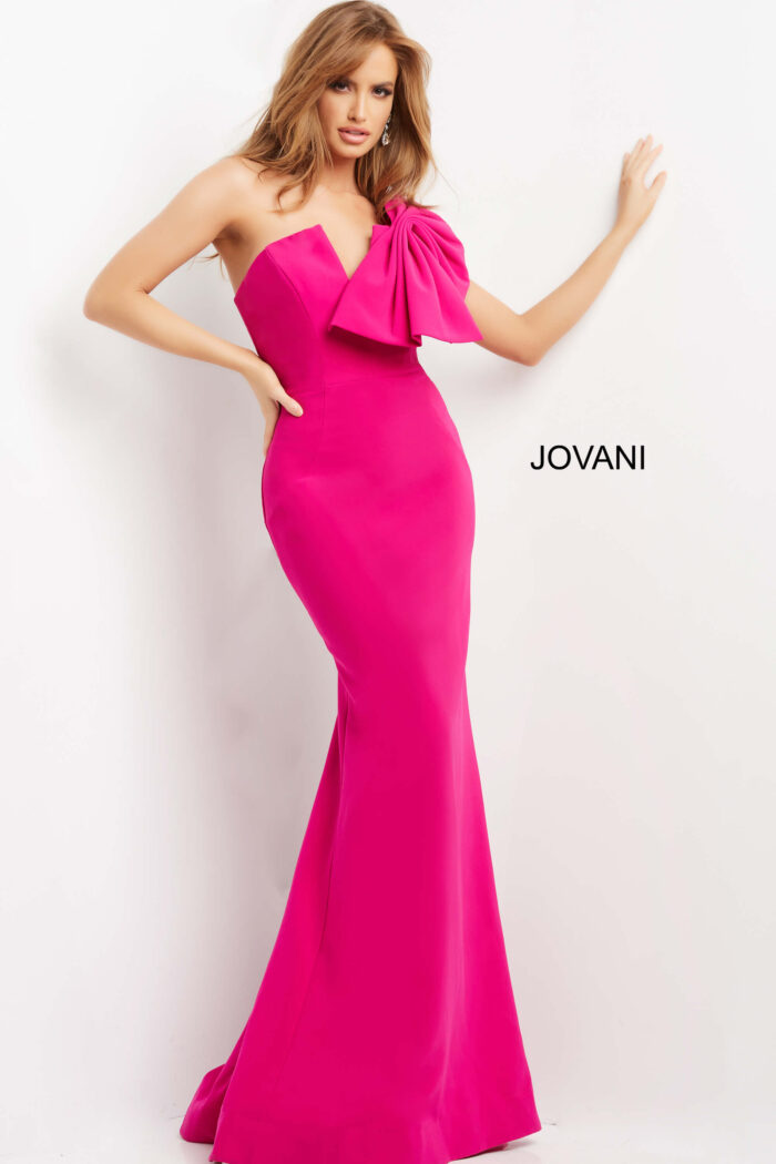 Model wearing Jovani 07306 Fuchsia One Shoulder Form Fitting Evening Dress