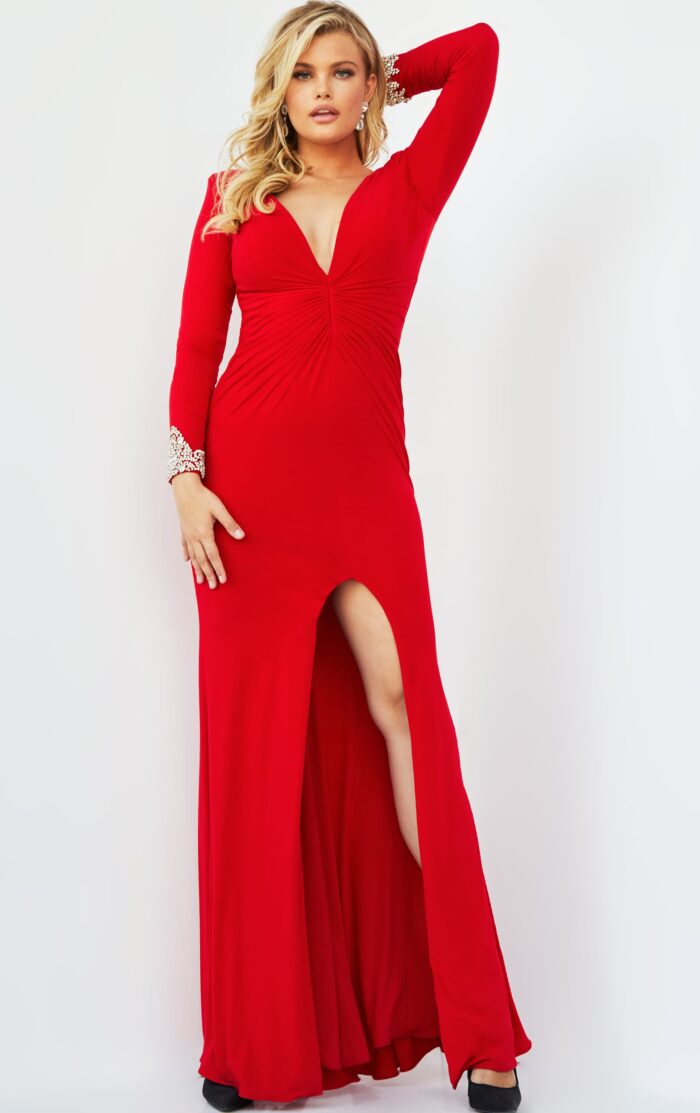 Model wearing Jovani 07320 Red Long Sleeve Sheath Plus Size Dress