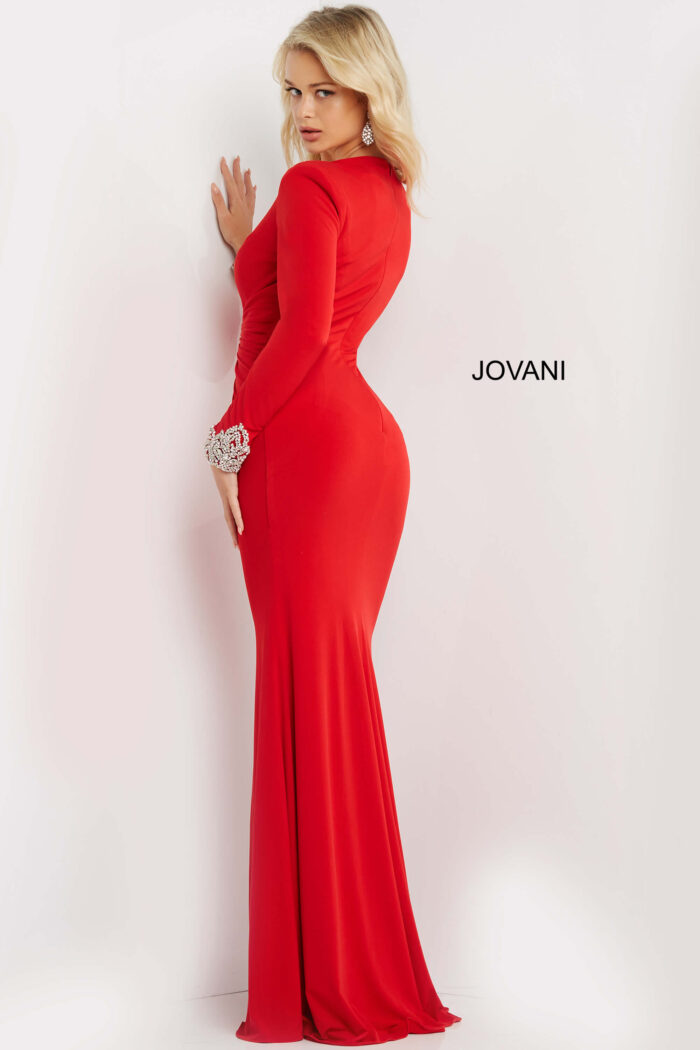 Model wearing Jovani 07320 Red Plunging Neck Long Sleeve Dress